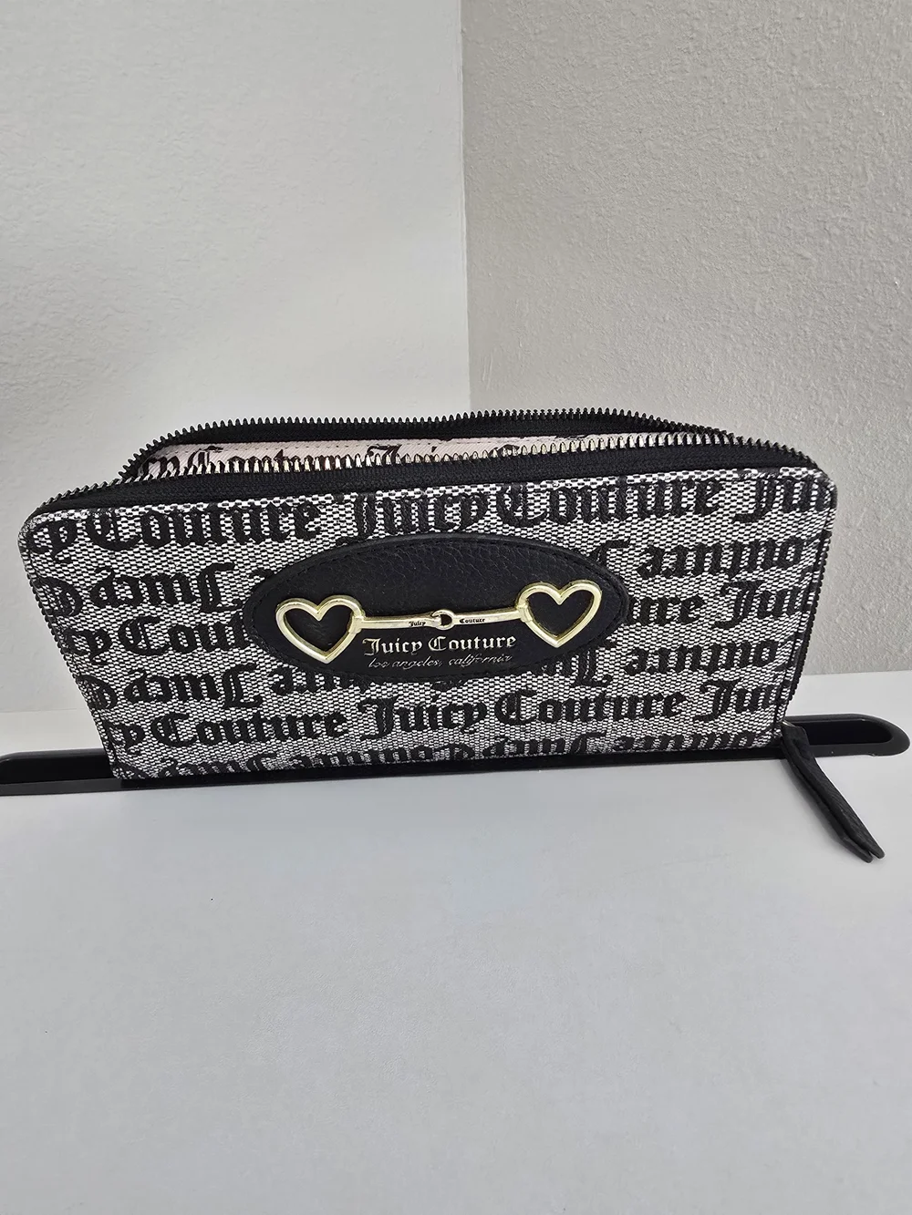 Juicy Couture Black and White Logo Zip-Around Wallet with Gold Heart Detail